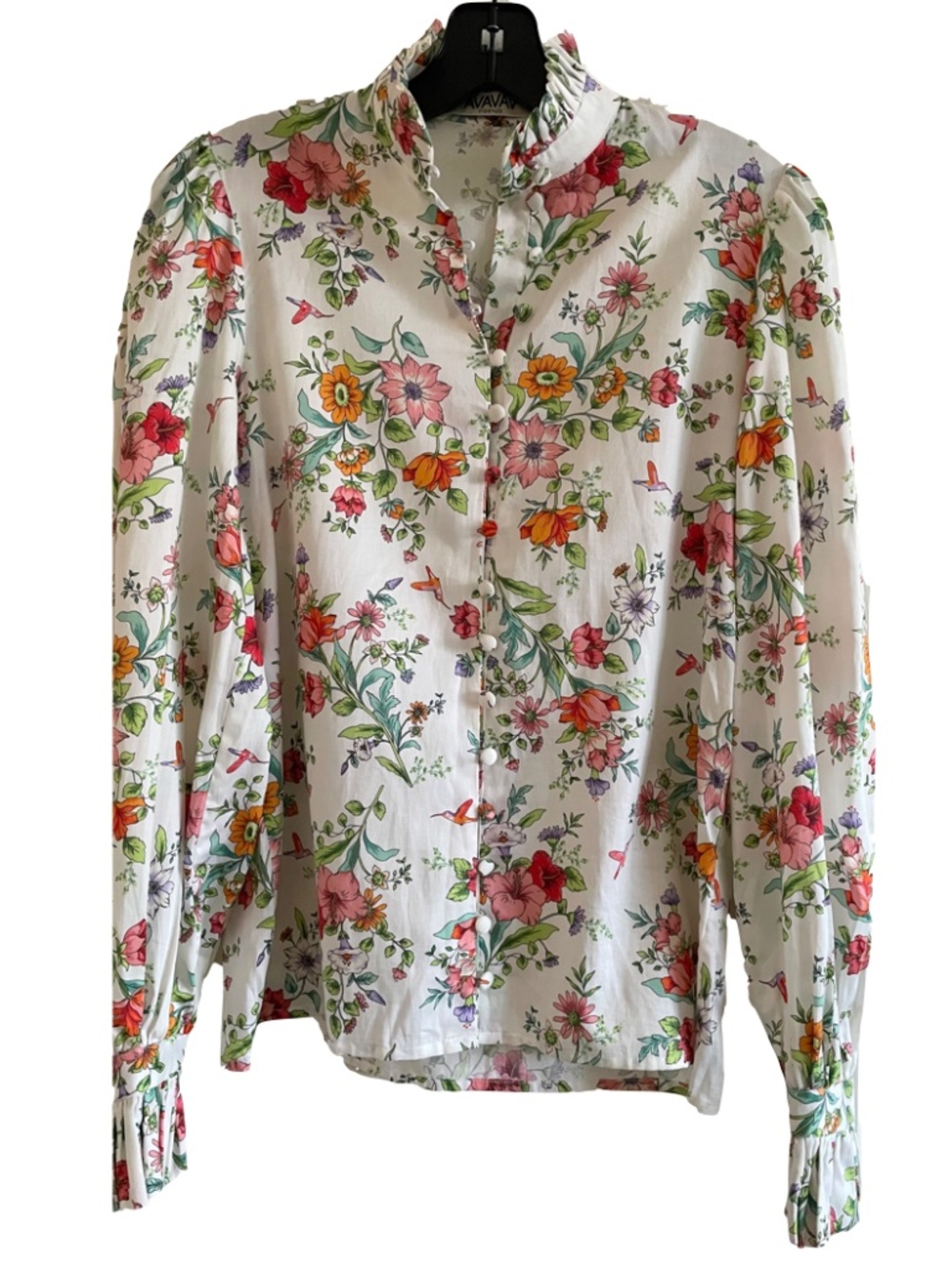 AVAVAV Firenze Floral White Ruffle Button Up Blouse Cottagecore Prairie Cotton